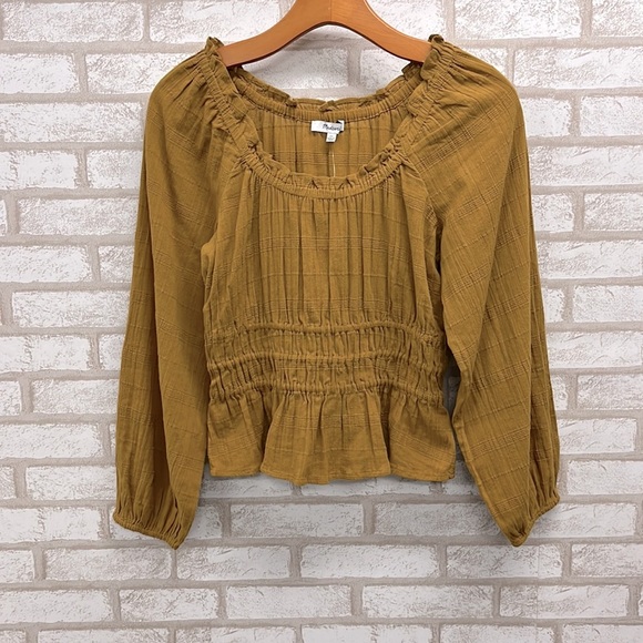 Madewell Sophia Textured Plaid Puff Sleeve Blouse XS Mustard - Picture 3 of 8